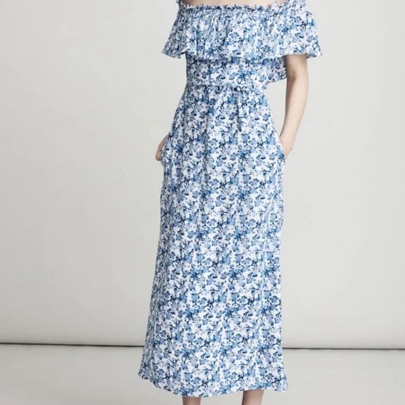 Rebecca Taylor Blue and White Off-Shoulder Aimee Dress - Picture 4 of 8